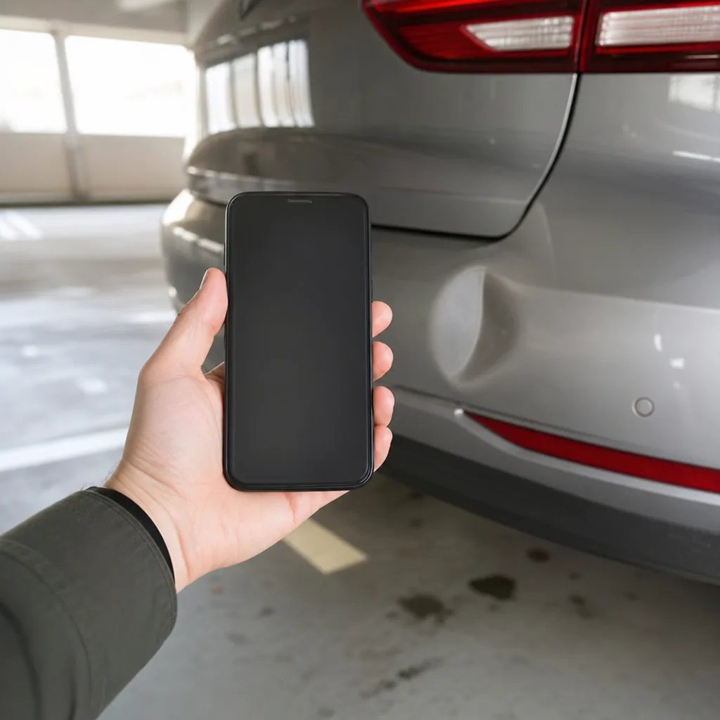 Hand på mobiltelefon framför skadad bilkofångare i kvällsljus