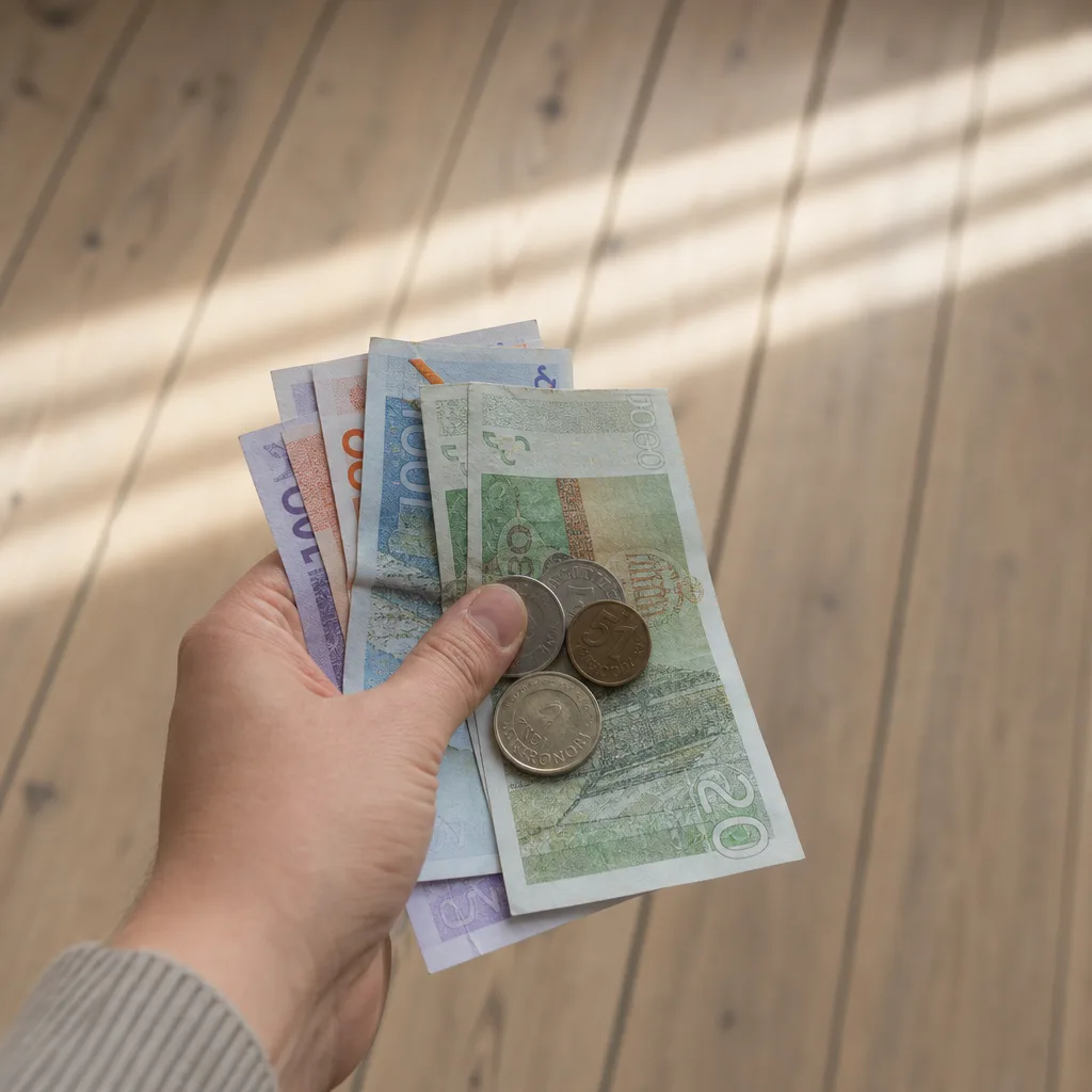 Sedlar och mynt i en hand i neutral vardagskontext