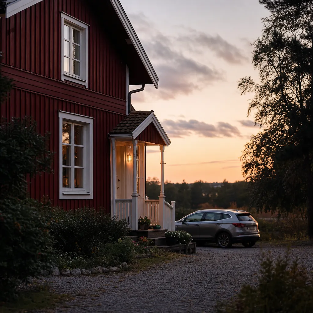 Byhus med röd panel i svensk kvällsljus, illustration till Dina Försäkringar trafikförsäkring