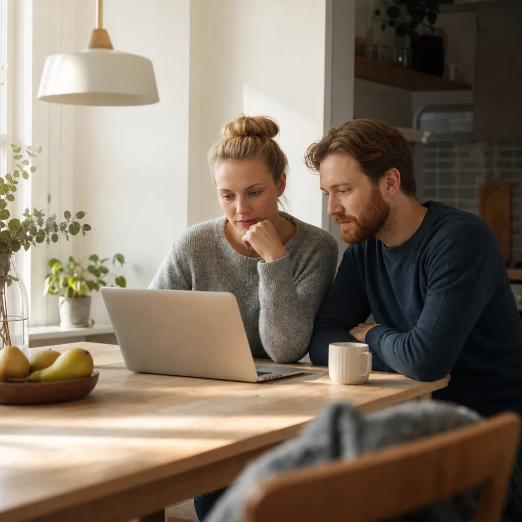 App- och datorarbete vid köksbord, ungt par i varmt fönsterljus