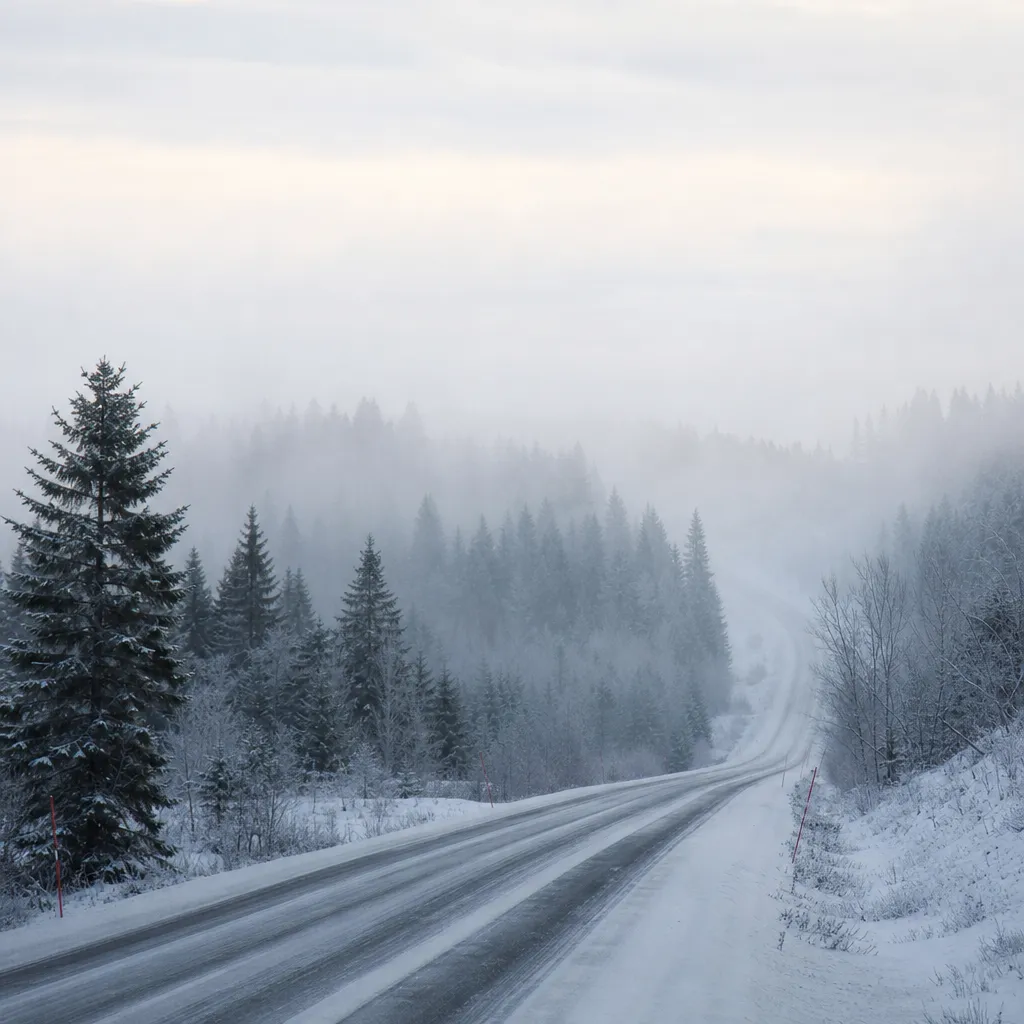 Norsk-svensk gränsbygd, vinterväg i dimma med tonad himmel