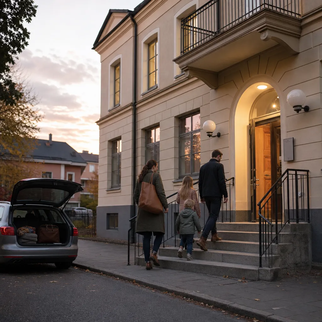 Ung familj utanför mindre stadshus i kvällsljus, illustration till Gofido trafikförsäkring