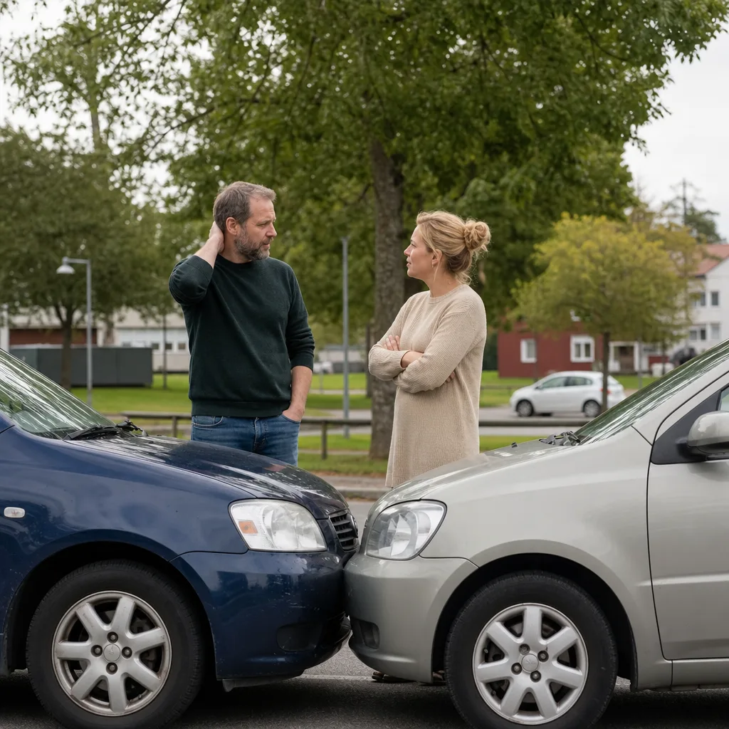 Två bilar i mindre krock på parkering, milt eftermiddagsljus
