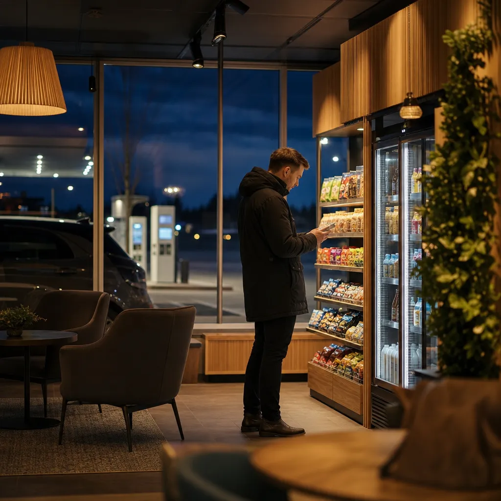 Bensin- och laddstation interiör i kvällsskugga utan synliga loggor