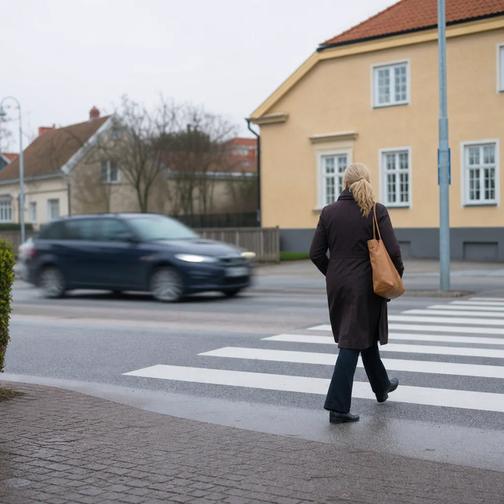 Övergångsställe i stadsmiljö med fotgängare och passerande bilar i mjukt motion blur