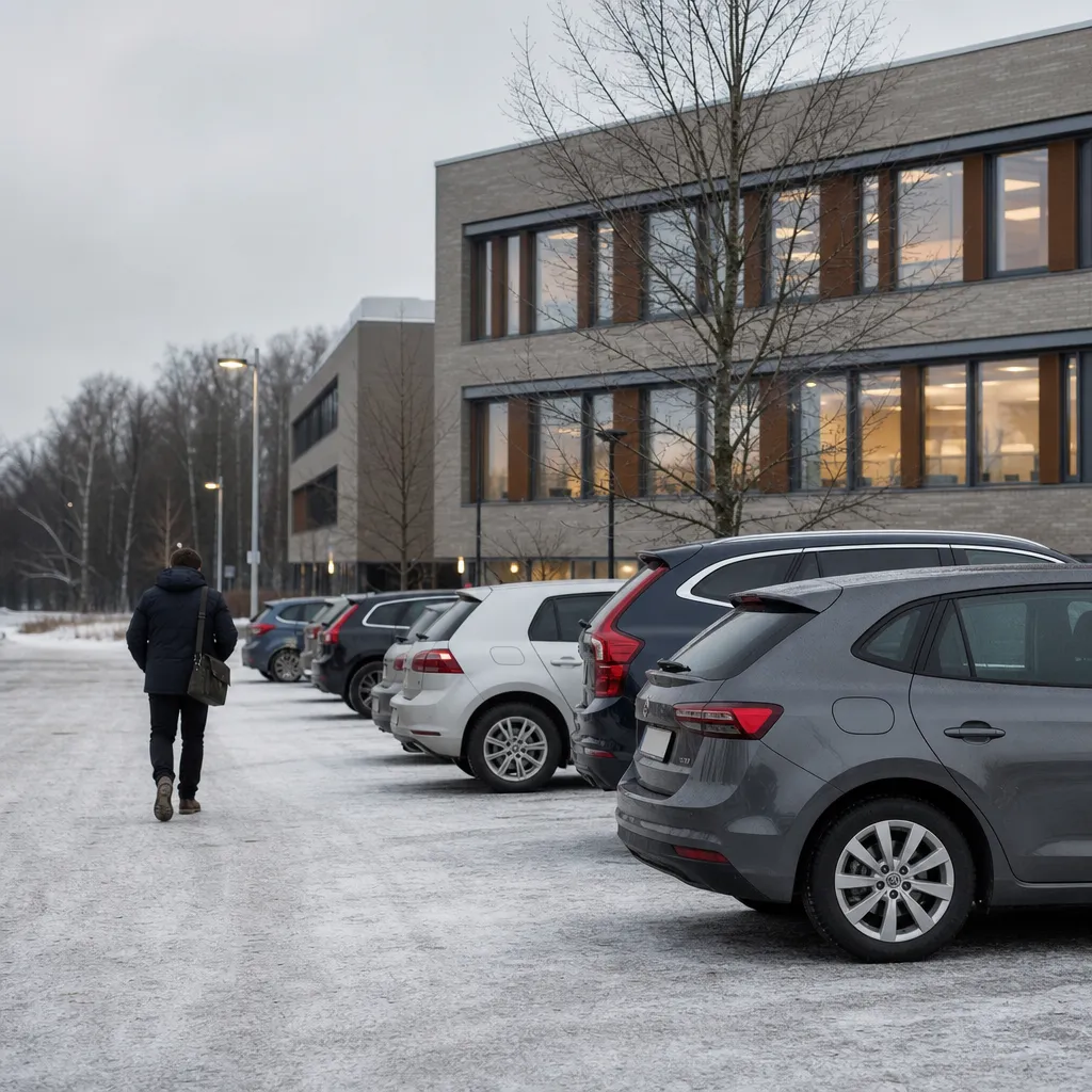 Parkerade bilar vid svenskt arbetsplatsområde i gråmulen vinterdag