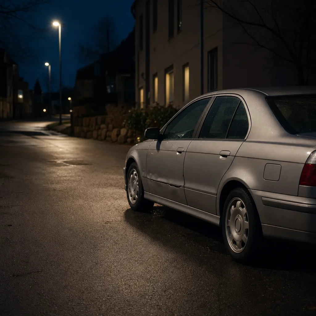 Skadad parkerad bil i tom gata i kvällsljus