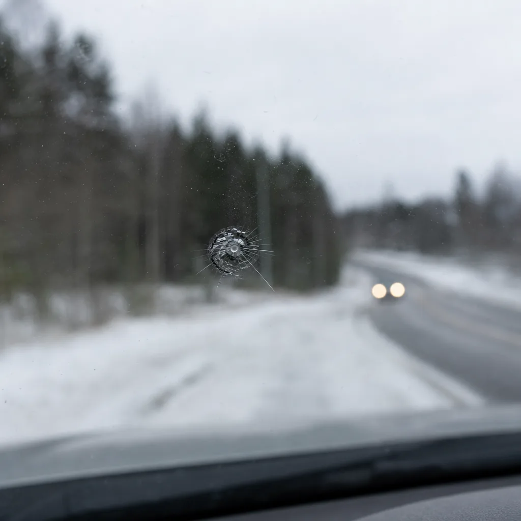 Närbild på stenskott på vindruta med suddig vägbakgrund