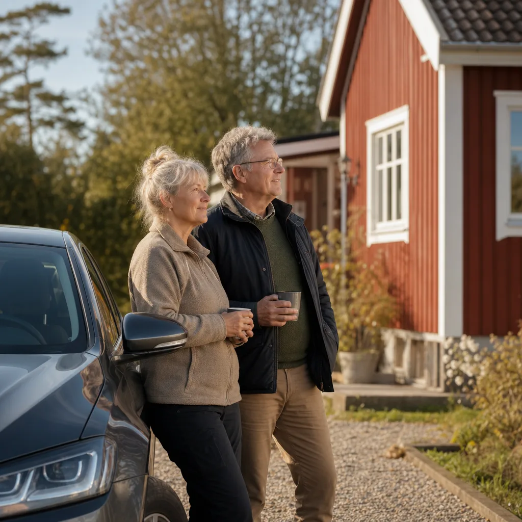 Äldre par med en bil utomhus, eftermiddagsljus