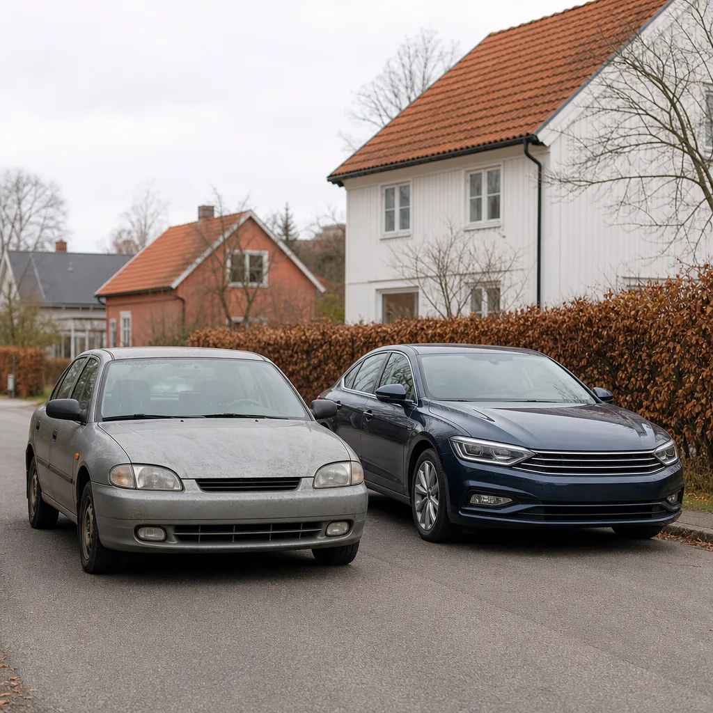 Två bilar bredvid varandra, en äldre och en nyare, i neutralt ljus