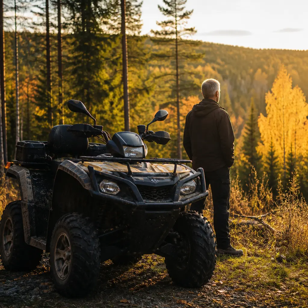 ATV vid skogsbryn i höstljus