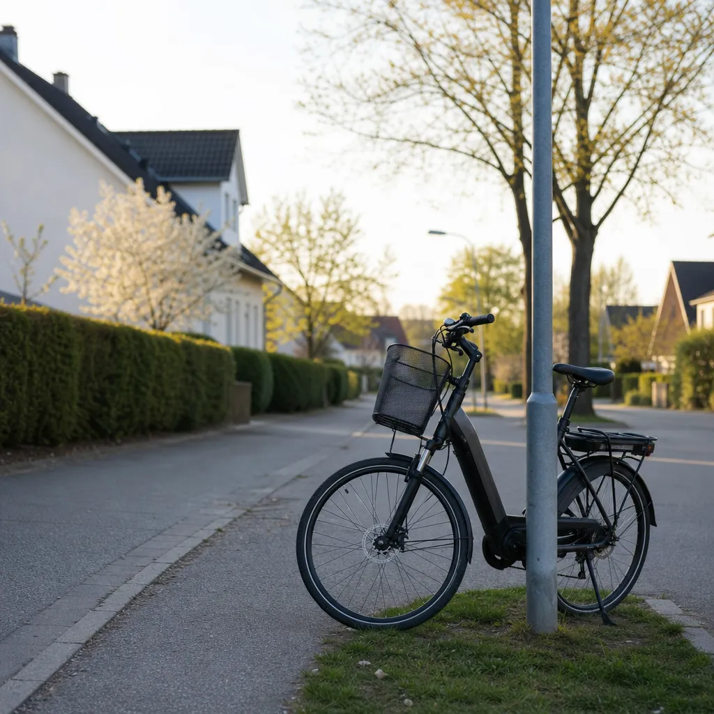 Elcykel parkerad mot lyktstolpe i vårljus