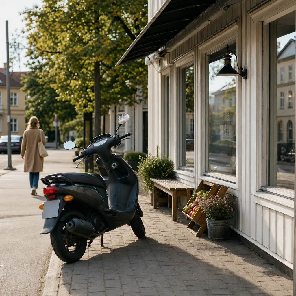 Generisk EU-moped parkerad på trottoar bredvid liten butik