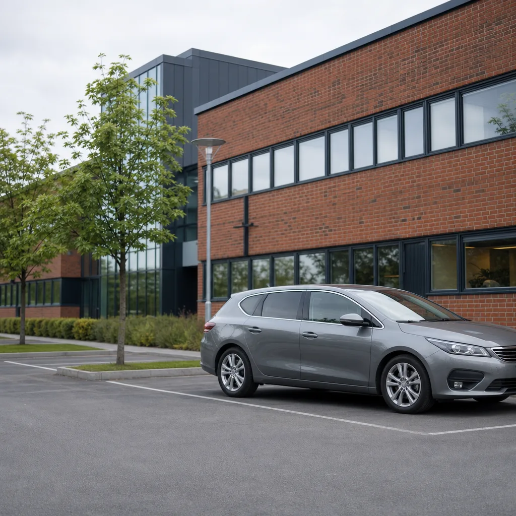 Företagsbil parkerad utanför kontorslokal i morgonljus