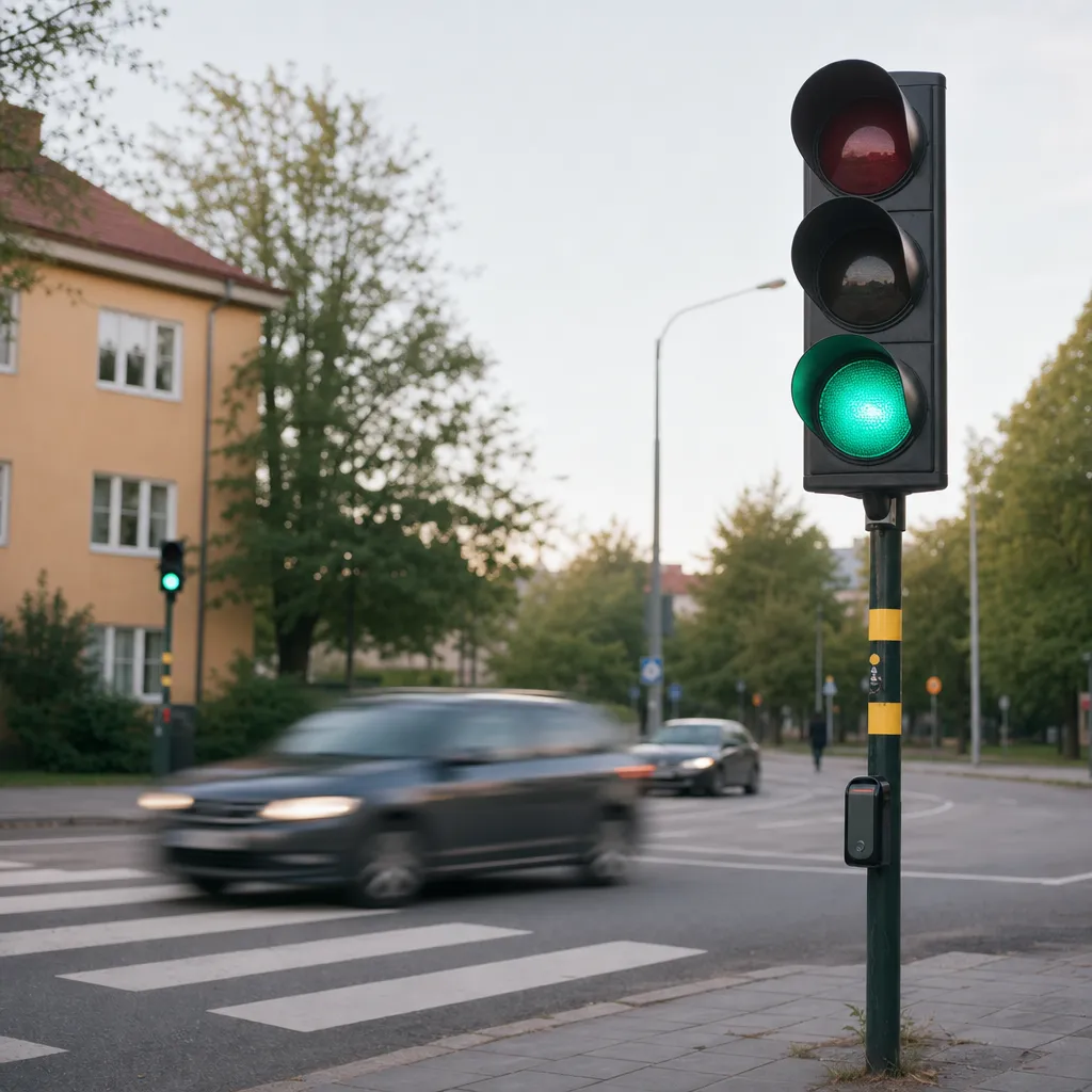 Trafikljus i stadsmiljö med svag rörelseoskärpa