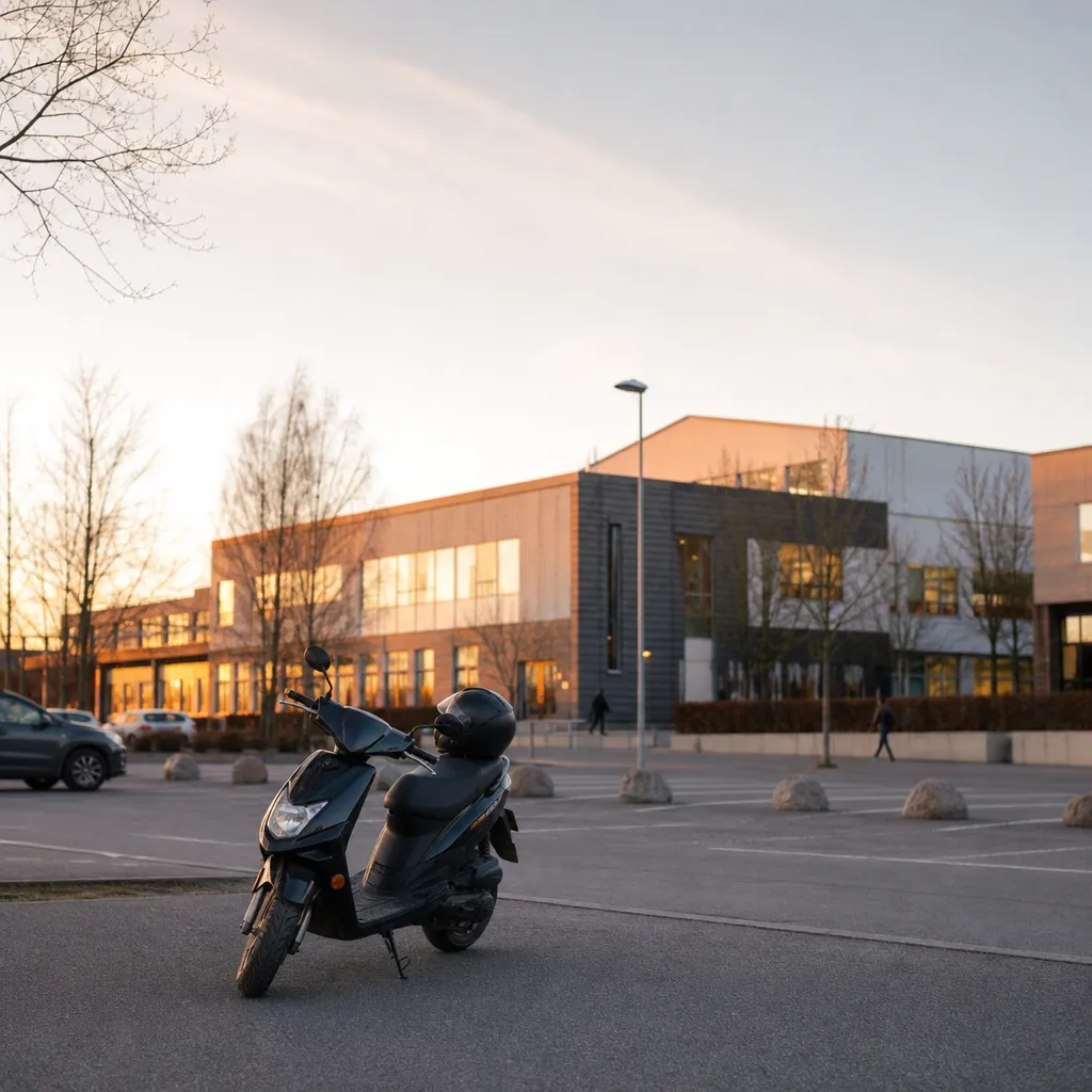 Generisk moped parkerad vid svensk gymnasieskola i tidig vår