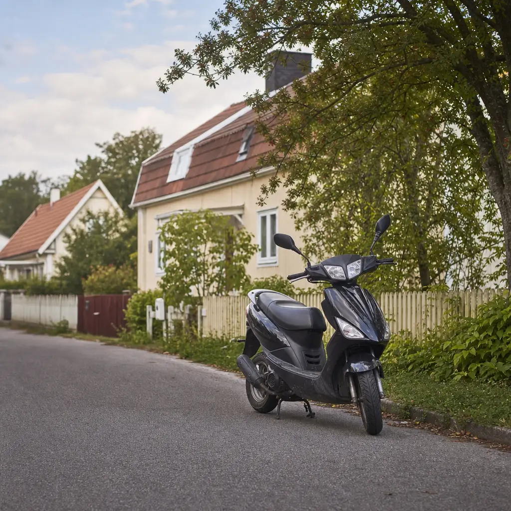 Generisk lågfartsmoped parkerad på småstadsgata