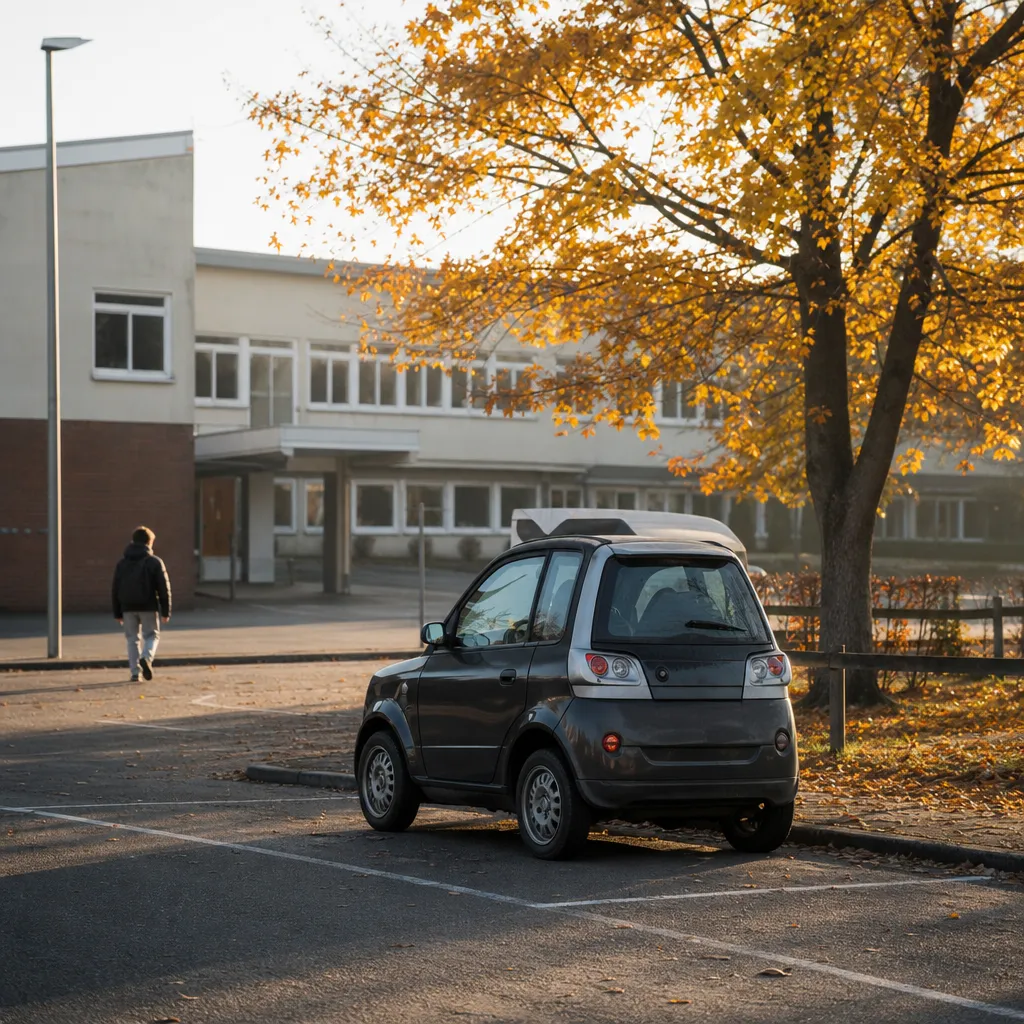 Generisk mopedbil på parkering vid lågstadieskola