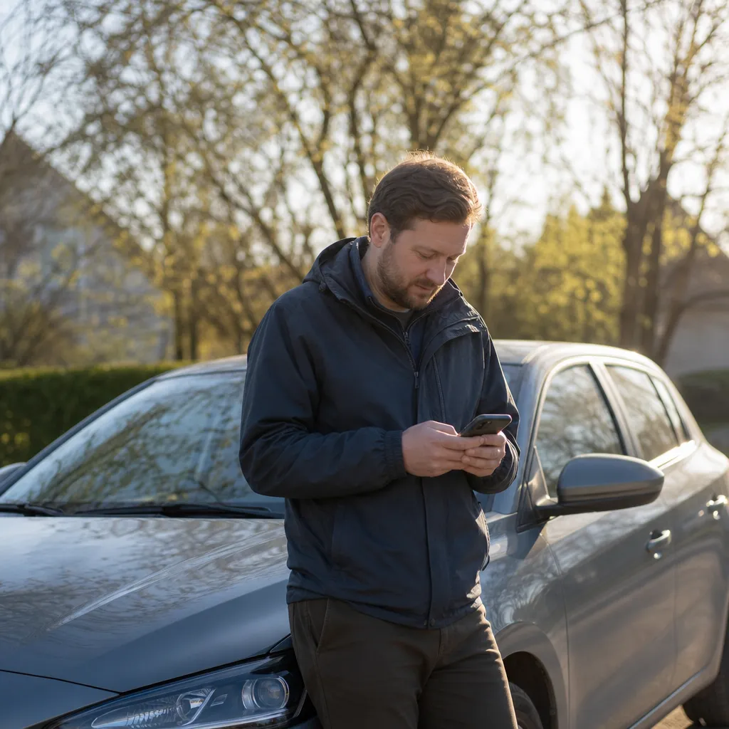 Bilägare läser på mobiltelefon framför bil