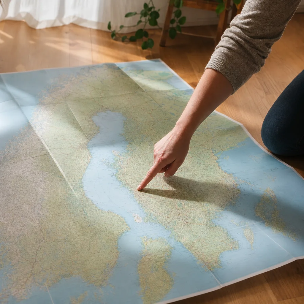 Sverige-karta i papper på ett skrivbord, neutralt ljus