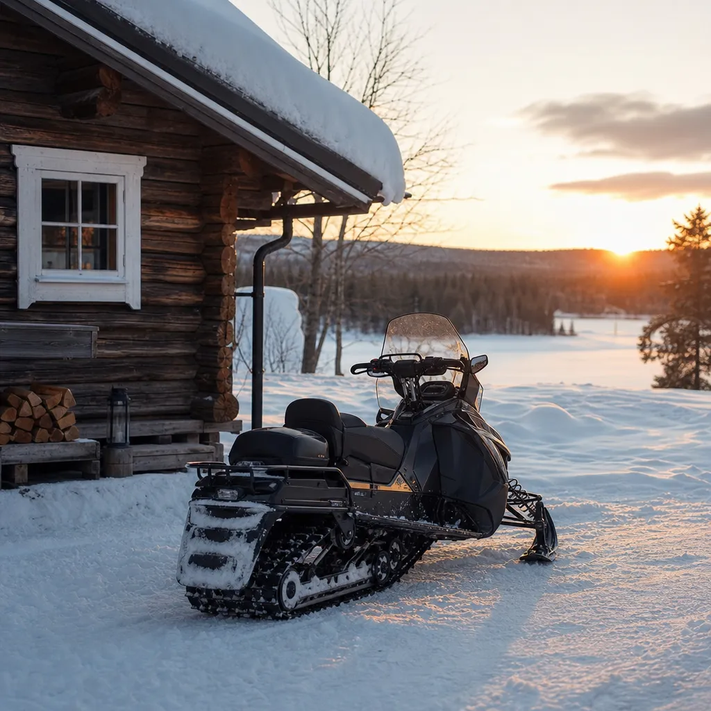Snöskoter parkerad vid stuga i vinterljus