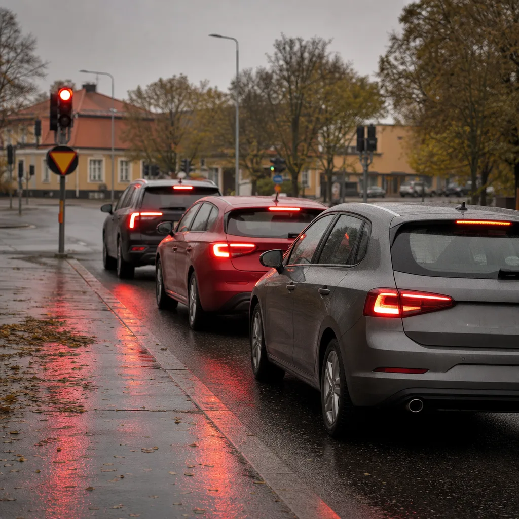 Tre bilar i kö vid trafikljus i stadsmiljö – symbol för tredje parts skydd