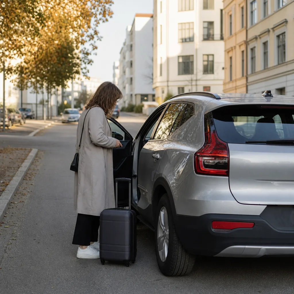 Kortvarig hyresbil parkerad i stadsmiljö i kvällsljus, neutral inramning