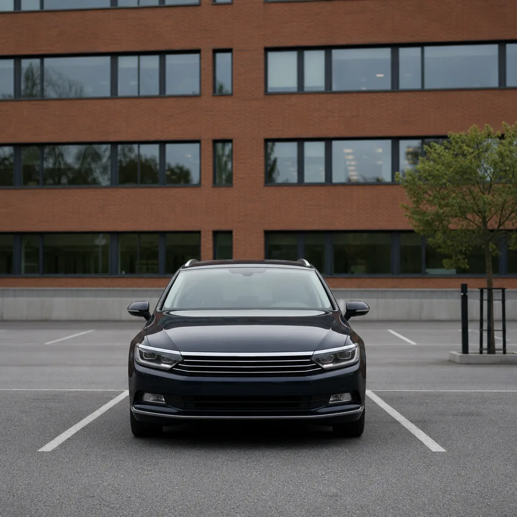 Tjänstebil parkerad utanför neutralt kontorshus, eftermiddagsljus