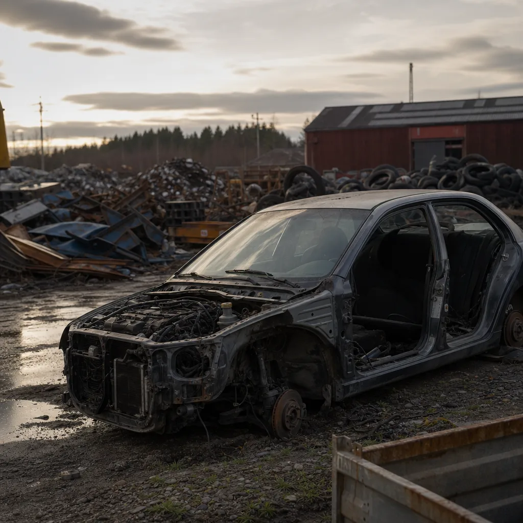 Bilvrak i skrotgård i industriellt ljus, neutral inramning