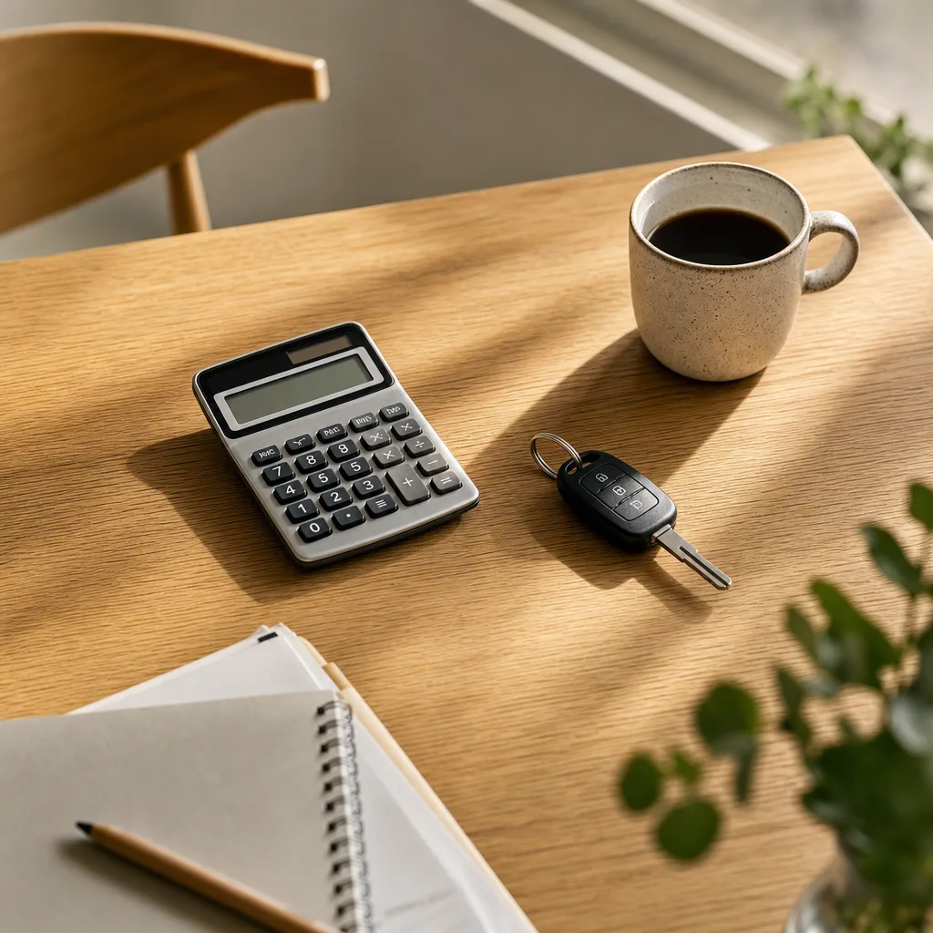 Kalkylator, bilnyckel och kaffekopp på ett köksbord i morgonljus