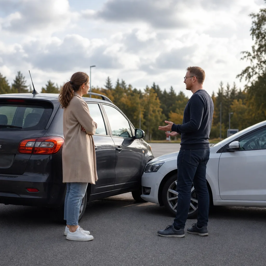 Två bilägare står vid sina bilar på en parkering och utbyter uppgifter