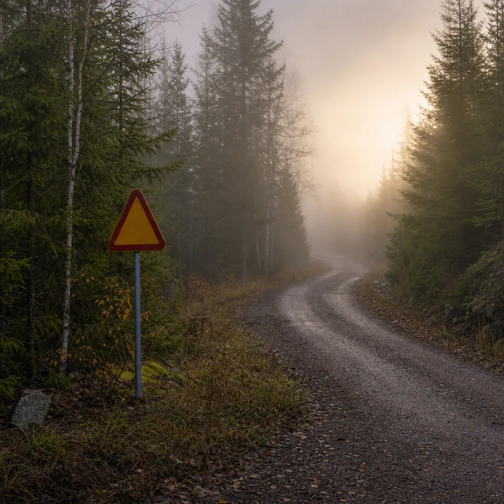 Skogsväg i kvällsljus med skymningsdimma och varningsskylt för vilt i fjärran