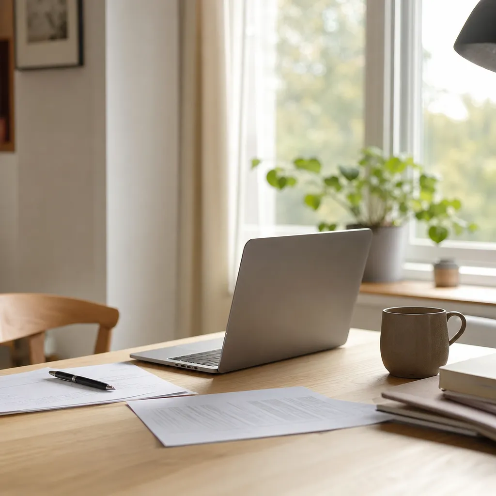 Skrivbord med oidentifierbar laptop, kaffekopp och anteckningsblock i mjukt fönsterljus